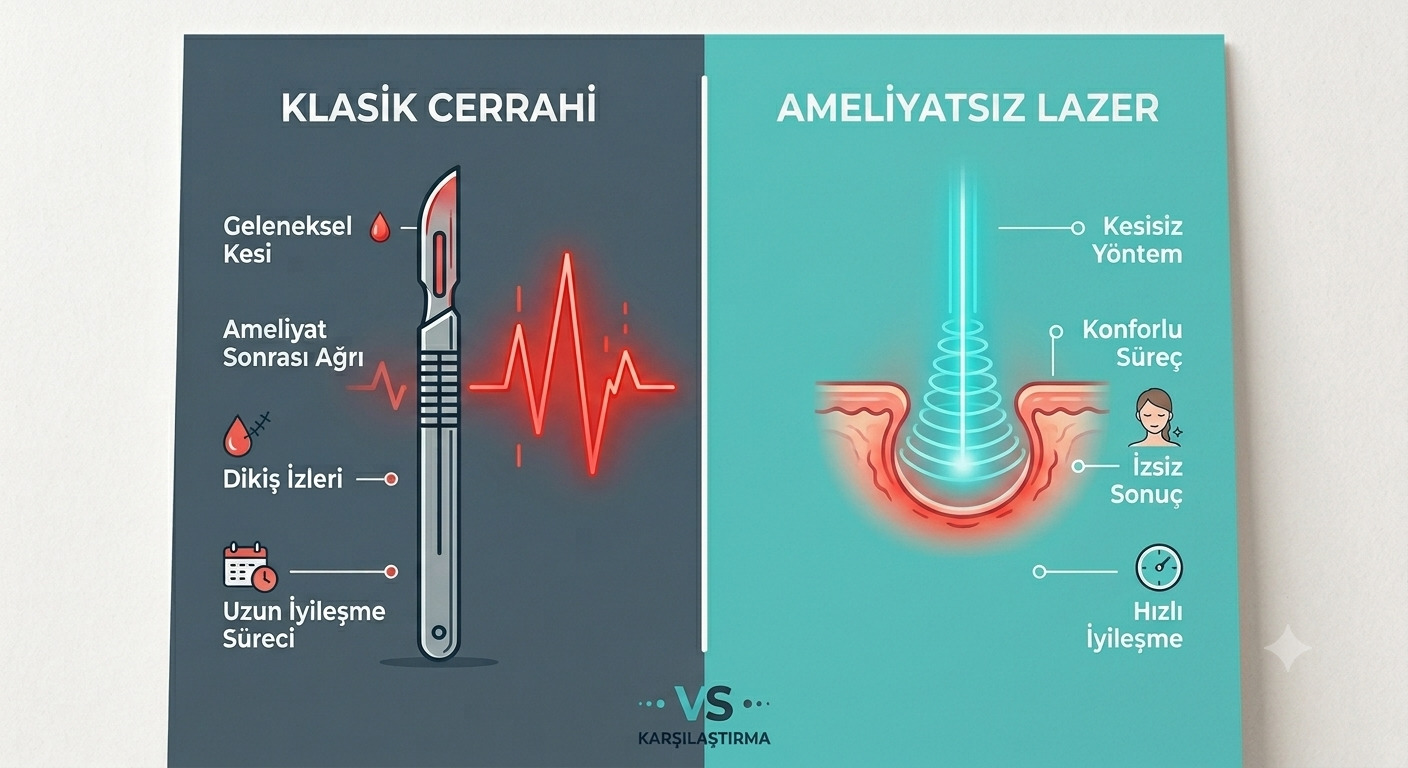 Klasik Cerrahi Ameliyatı ile Ameliyatsız Lazer Yöntemi Karşılaştırma Tablosu